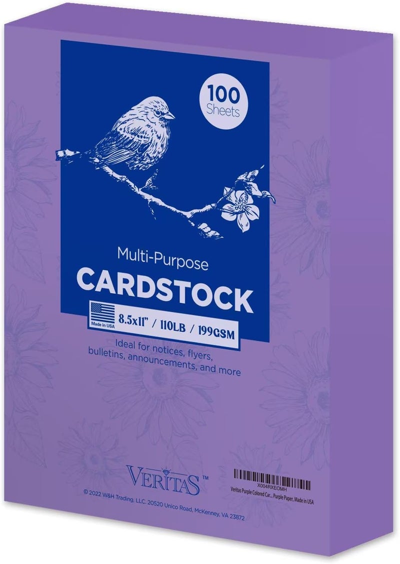 WritePads Veritas Purple Colored Cardstock, 8.5" x 11" Colored Copy paper, 110LB/199GSM Printer Paper, 100 Sheets (1 Reams), Colored Multi-Purpose Purple Paper, Made in USA - Image 1